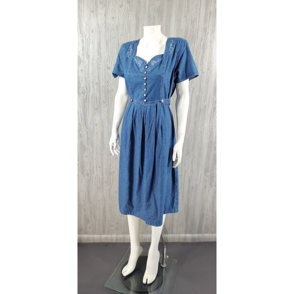 90s Denim Dress Blue Midi Jean Dress Granny Chic Grunge Prairie Boho S/M